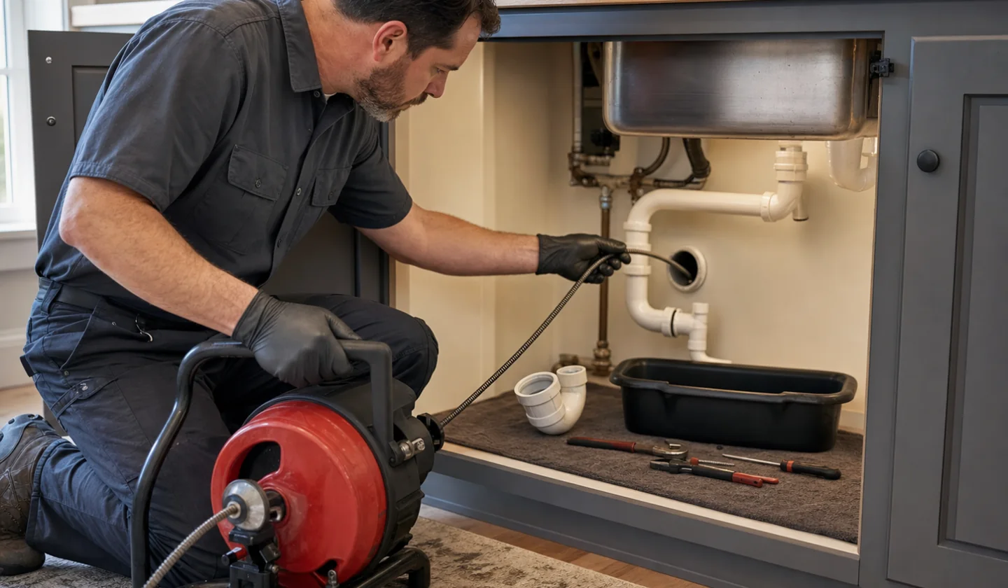 Plumbing service area photo for Tyler, TX. Residential plumber feeding a drain-cleaning cable into a sink cleanout.