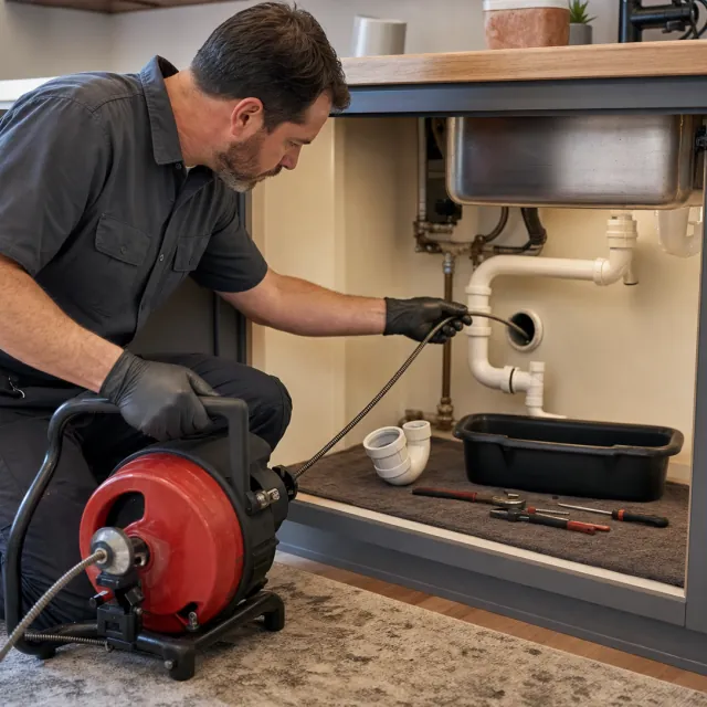 Drain Cleaning service photo. Residential plumber feeding a drain-cleaning cable into a sink cleanout.