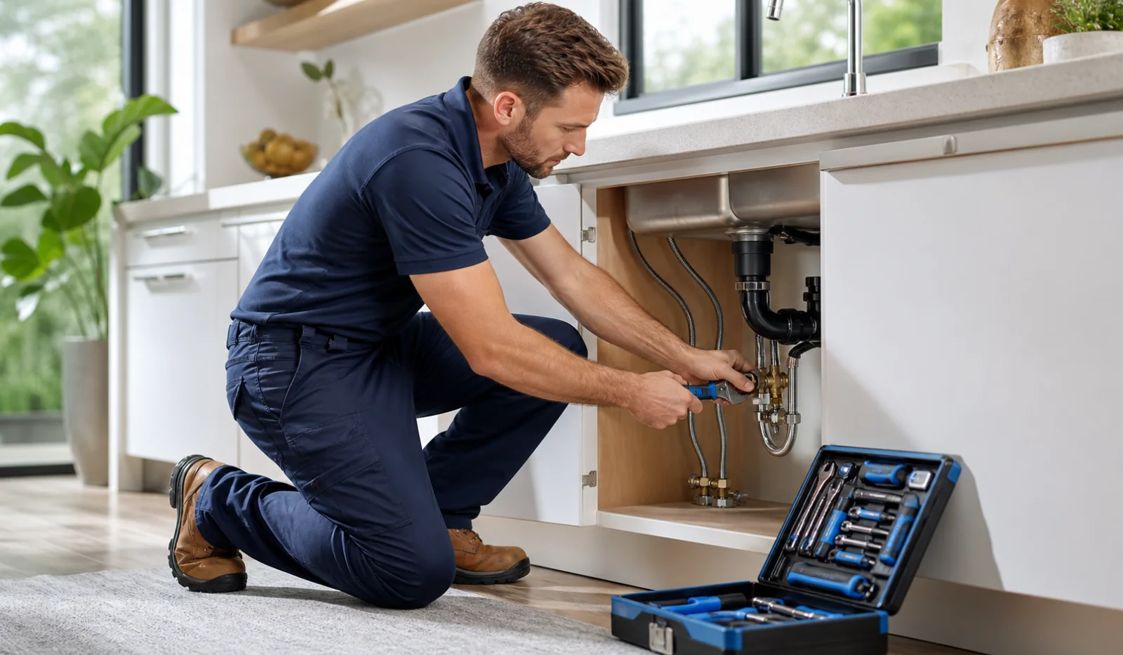 Residential plumber testing supply-line and shutoff-valve connections beneath a kitchen sink.