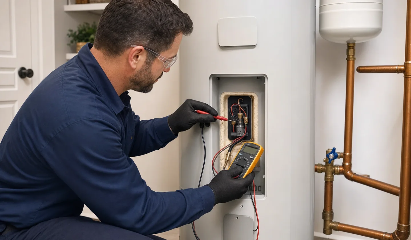 Plumbing service area photo for Longview, TX. Residential plumber testing components on a tank water heater with its access panel open.