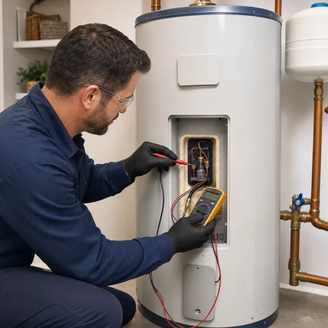 Water Heater Repair service photo. Residential plumber testing components on a tank water heater with its access panel open.